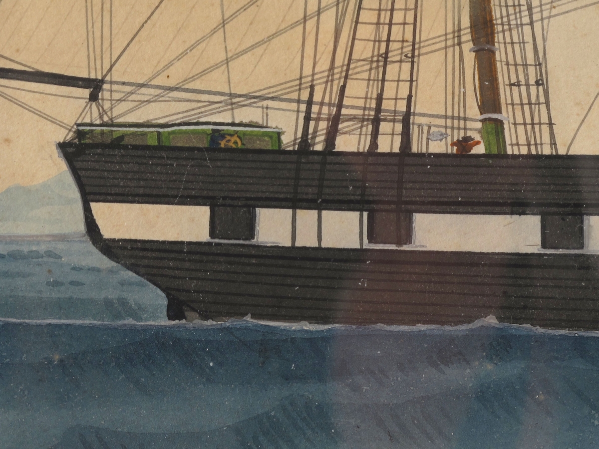 Bark Veritas af Arendal, ført av Capt. H. A. Andersen. For fulle seil mot høyre, unionsflagg  under gaffelen blå vimpel m. "Veritas" i hvitt, blått, rødt flagg m. N. 44  i hvitt felt. Sign. n. t. h. Tekst i marg under bildet.