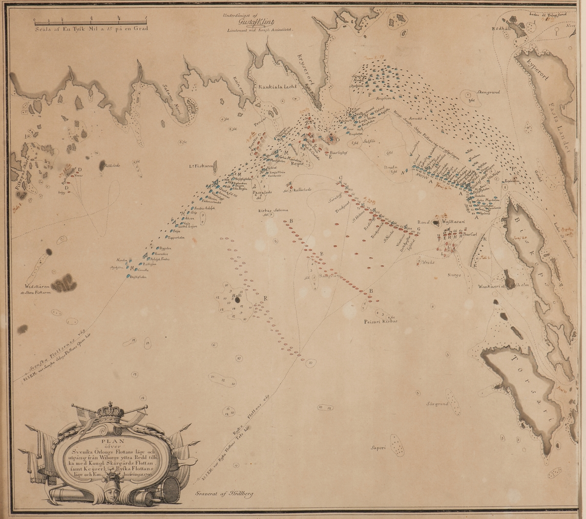 Plan över svenska och ryska flottornas läge å Viborgs yttre redd år 1790 inför utbrytningen, "Viborgska gatloppet".