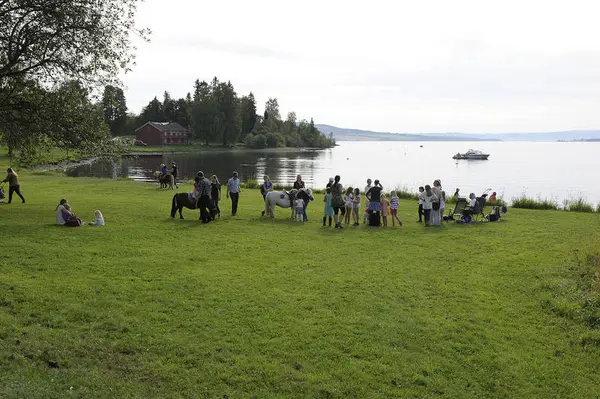 Barn og ungdom som driver med aktivitet på grønn gresslette ved vannet, museumshus i bakgrunnen.