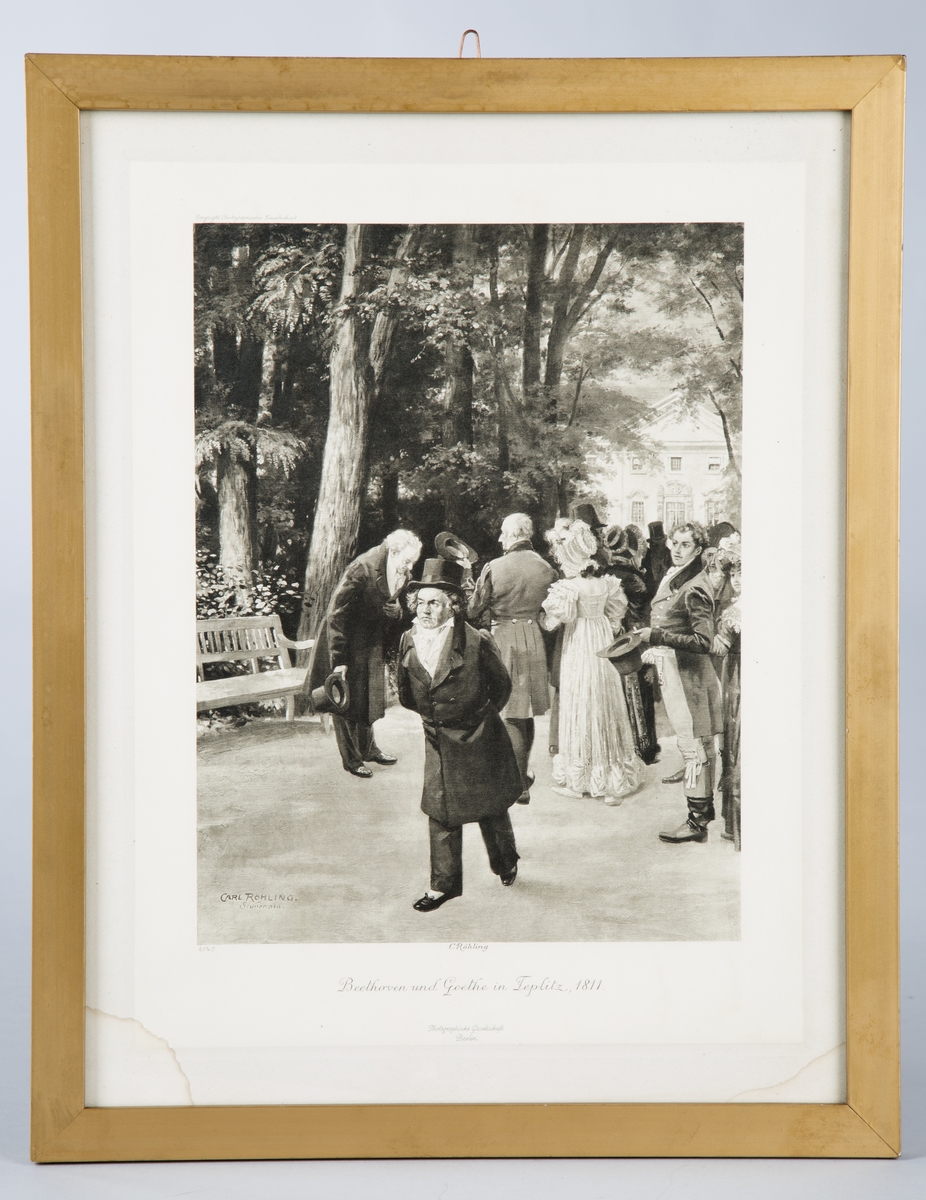 Den avbildede hendelsen "Hendelsen i Teplice" skal ha funnet sted i 1811. Beethoven og Goethe er på spasertur i parken. På turen møter de keiserfamilien, Goethe stopper respektfullt opp og hilser, mens Beethoven vandrer videre.