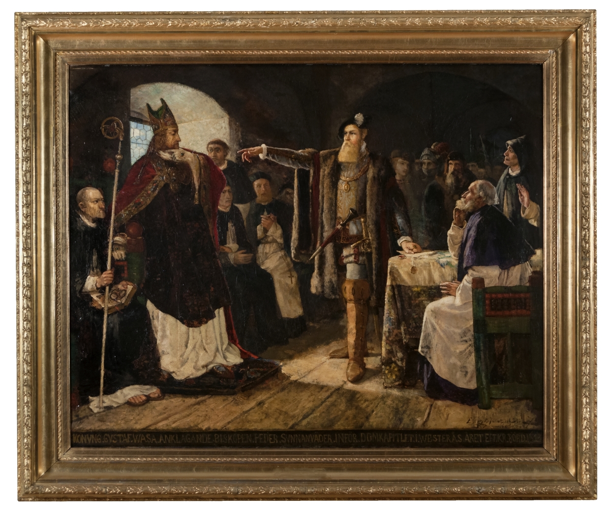 Ernst Josephsons prisämnesmålning för elever vid Konstakademien 1875, "Konung. Gustaf. Wasa. Anklagande. Biskopen. Peder. Sunnanväder. Inför. Domkapitlet.i.Westerås.Året.Eft.kr.börd.1523." Josephson vann inte, det gjorde konstnärselev CG Hellqvist. Förgylld ram.