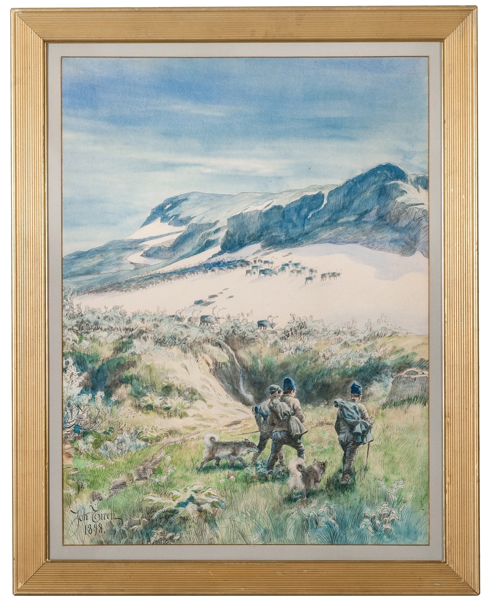 Akvarell med fjällmotiv, renhjord på högfjället. "Högsommardag på Njollengassi" av Johan Tirén, 1898.