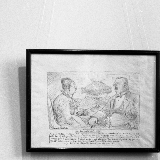 Tackning av Albert Engström. " Från den gamla goda tiden ". Foto av tavla i Smålands museums samligar.