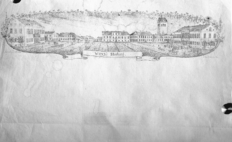 En teckning över Växjö Stortorg, trol. ca 1845. Man ser residenset 
till vänster, domkyrkan i bakgrunden och till höger rådhuset/Stadshotellet.