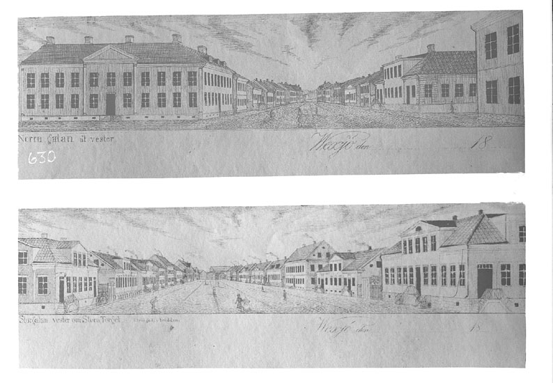 En (tvådelad) teckning över Norrgatan och Storgatan, Växjö.
Troligen från ca 1850.
