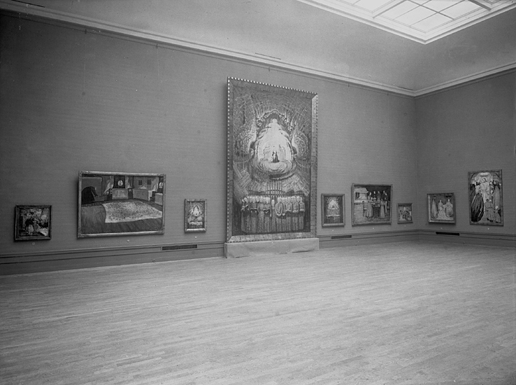 Från Elisabeth Bergstrand-Poulsens retrospektiva utställning på Smålands museum,
30 oktober-30 november 1937.
"Bondbarn som sjunga julpsalmer" (altartavla, 1930-37), med förarbete m.m.