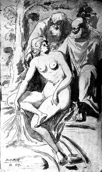 En lavering, "Susanna i badet".
Två män som betraktar en avklädd kvinna i smyg.