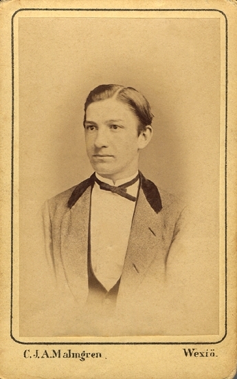 Porträtt (bröstbild, halvprofil) av en ung man, klädd i ljus kostym med sammetskrage, mörk väst och svart fluga.

Fotot föreställer August Wilhelm Bergengren,  (1853 -1909). 
Student i Växjö 1872. Sedermera med.lic. och läkare i Norrtälje. 
Källa: "Lärare och studenter vid Växjö Högre Allmänna Läroverk 1850-1950",
(Växjö 1951), s. 65.