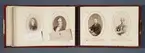 Uppslag ur fotografialbum med visitkortsporträtt. Från vänster: porträtt av ung kvinna, troligen Georgina Fleetwood. Foto James Bourn, Göteborg, ca 1880. Mansporträtt, troligen Adolf Fleetwood.  Foto Waldemar Dahllöf, Göteborg, ca 1870-80. Porträtt av okänd man. Foto Waldemar Dahllöf, Göteborg, ca 1870. Porträtt av okänd man, foto August Suck, Göteborg, ca 1865.