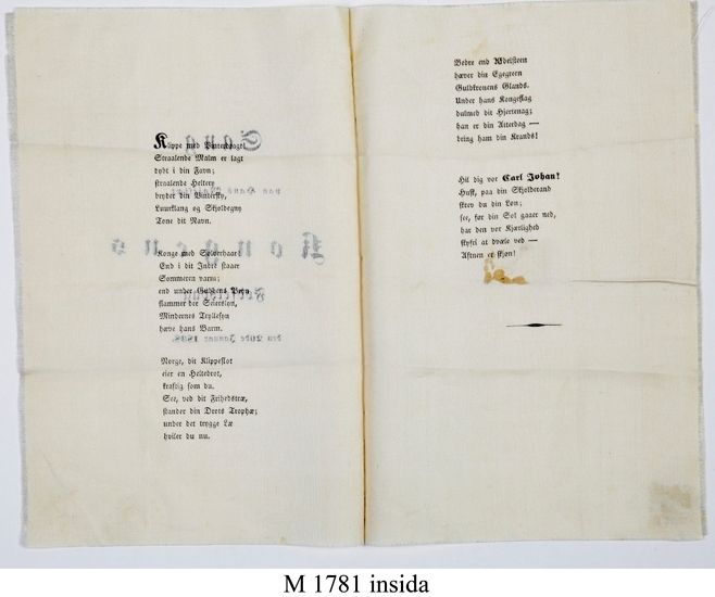 Sångblad med text: "Sang paa Hans Majestaet Kongens födelsedag 
den 26 Jannuar 1838."
Tryckt på siden.

Inskrivet i huvudkatalog 1900.

Fredrik VI, da. Frederik VI, född 28 januari 1768, död 3 december 1839, kung av Danmark 1808-1839 och av Norge 1808-1814.
Funktion: Hyllning (?) till danske kungen Frederik VI (1768-1839)