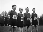 O Sjöholm, S Johansson, E Wallström och B Andersson i Nymans Verkstäders lag, segrare i grupp I i korporationsstafetten, sannolikt på Studenternas Idrottsplats