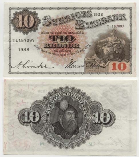 10 kronor 1938.
Littbokstav/nr: Tt,157097.
Sedeltyp: Sittande Svea.
Konstnär: Jakob Bagge.
Litteratur: Sveriges sedlar sid 92 nr 174.
Funktion: Betalningsmedel