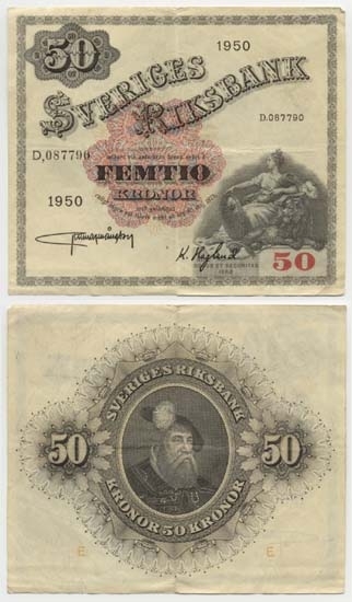 50 kronor 1950.
Littbokstav/nr: D,087790.
Sedeltyp: Sittande Svea.
Konstnär: Jakob Bagge.
Sedeln är ovikt.
Litteratur: Sveriges sedlar sid 100 nr 278.
Funktion: Betalningsmedel