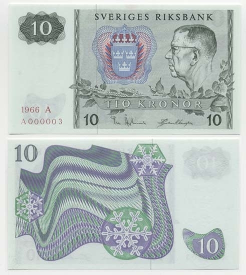 10 kronor 1966.
Littbokstav/nr: AA 000003.
Sedeltyp: Gustav VI Adolf.
Konstnär: Erik Palmqvist.
Lågt nummer.
Sedeln är ovikt.
Litteratur: Sveriges sedlar sid 95 nr 3.
Funktion: Betalningsmedel