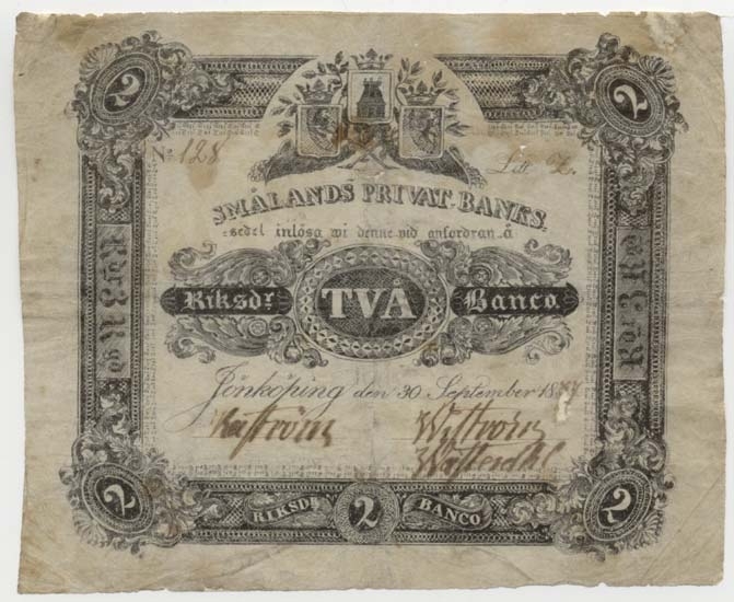 Enskilda banker. Smålands Privatbank 2 riksdaler 
banco 1837.
Littbokstav/nr: Z 128.
Sedelfakta/kommentar: Falsk! 5 st. se också medföljande
dokument för de inköpta i London 1978.
Den skyldige har ev. haft tillgång till originaltryckplåtarna.
Konstnär: Se ovan! 
Övrigt: Litteratur: T. Lindgren. Myntkontakt nr 2 1979 sid 42 - 43
och nr. 4/5 1979 sid. 94 - 95.
M. Widell, Smålandsbankens sedlar NLS. Gbg. 1988 sid 50 - 53.
Kronobergsboken 1987. Från myntkabinettet i Växjö sid. 223 - 226.
Funktion: Betalningsmedel