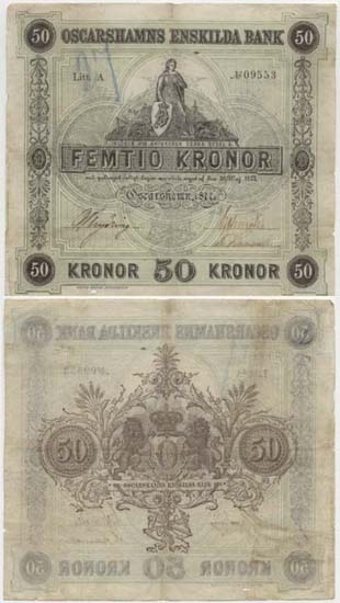 Enskilda banker. Oskarshamns ensk. bank. 50 kronor 1877.
Littbokstav/nr: A 09553.
Sedelfakta/kommentar: 1:a oktroyen 1/1 1877 - 31/12 1886.
En sällsynt och välbevarad sedel.
Övrigt: Litteratur: Platbarzdis Sveriges sedlar III sid. 59 nr. 2.
Funktion: Betalningsmedel