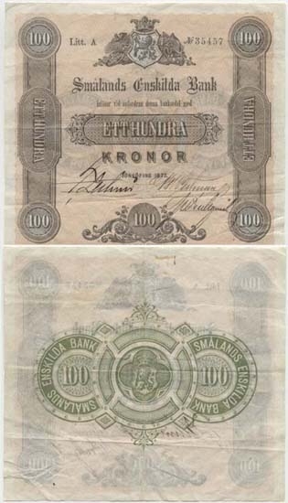 Enskilda banker. Smålands Enskilda Bank 100 kronor 1877.
Littbokstav/nr: A 35457.
Sedelfakta/kommentar: 5:e oktroyen 1/7 1877 - 31/12 1887.
57800 sedlar i valören 100 kr trycktes och levererades mellan 1877-01-30
och 1894-03-05.
En mycket sällsynt och välbevarad sedel som är avbildad i Sveriges
sedlar III.
Konstnär: Formgivare vid J. Bagges sedeltryckeri i Stockholm.
Övrigt: Litteratur: Platbarzdis Sveriges sedlar III sid 65 nr. 23,
fig. 137 sid. 219.
M. Widell, Smålandsbankens sedlar NLS. Gbg. 1988.
Funktion: Betalningsmedel