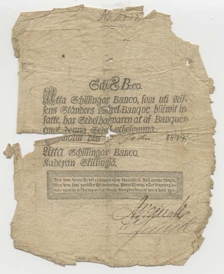8 skilling banco 1849.
Vita bancosedlar.
Sedelfakta/kommentar: Fragment, pappersförluster.
Konstnär: 
Littbokstav/nr:
Övrigt: Litteratur:
Funktion: Betalningsmedel
