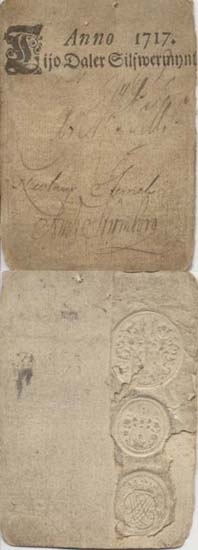 Myntsedel, 10 daler silvermynt 1716-1717.
Konstnär: Werner, Stockholm.
Sedelfakta/kommentar: Räntelös sedel tillverkad av tjock handgjord kartong.
Tillverkades genom Kontributionsverkets försorg av bokbindare och med tryck av Werner i Stockholm.
Förbjöds 1717-12-31, utelöpande sedlar inväxlades mot nyutgivna nödmynt.
Övrigt: Litteratur: Sveriges sedlar sid 128-130.
Funktion: Betalningsmedel