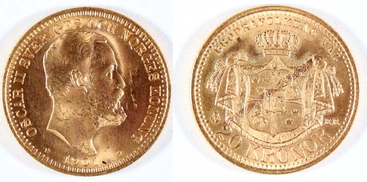 20 kronor 1901. Sverige/Norge.
Regent: Oskar II.
Motiv: Oskar II / Krönta stora riksvapnet.
Omskrift: OSCAR II SVERIGES OCH NORGES  KONUNG / BRÖDRAFOLKETS VÄL - 20 KRONOR.
Myntort: Stockholm.
Gravör: Adolf Lindgren.
Myntmästare: Emil Brusewitz.
Rand: Vertikalt refflad.
Stämpelställning: 0 grader.
Myntfakta/Kommentar: Guldmyntfot. Skandinavisk myntunion.
Proveniens:
Vikt: 8,96 gram.
Litteratur: Sveriges mynt (sm) nr 22.