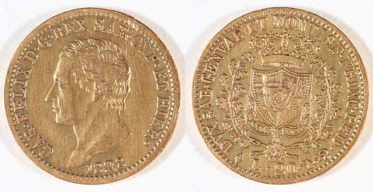 20 lire 1828. Sardinien.
Regent: Karl Felix 1821-1831.
Motiv: Karl Felix/krönt vapensköld.
Omskrift:1828, CARL.FELIX.D.G. REX SAR.GYF.ET.LEP. ...
Myntort:
Gravör:
Myntmästare:
Rand: Nedsänkt text.
Stämpelställning: 180 grader.
Myntfakta/Kommentar: Gåva från Kristina Nilsson postumt 1924.
Proveniens:
Vikt: 6,37 gram.
Litteratur: