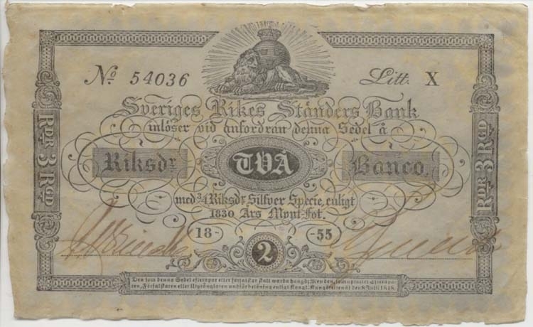 2 riksdaler banco 1855.
Littbokstav/nr: X 54036.
Sedeltyp: Banco-sedel av färgat papper.
Konstnär: Carl Abraham Broling.
Med valörangivelse i tre olika räkningar: banco, riksgäld och specie.
På färgat handgjort lamellerat (tre lager) papper, där det mellersta
lagret är färgat och försett med vattenmärke och tryck.
Ljusblå/svart tryck.
Båda namnteckningarna handskrivna.
Övrigt: Litteratur: Sveriges sedlar sid 64 nr 21.
Funktion: Betalningsmedel
