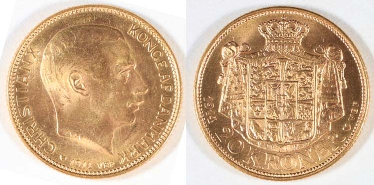 20 kronor 1914. Danmark.
Regent: Kristian X 1912-1947.
Motiv: Kristian X / krönta stora riksvapnet.
Omskrift:
Gravör: Andreas Fredrik Vilhelm Hansen.
Myntmästare: Vilhelm Burchard Poulsen.
Konstnär:
Rand: Refflad.
Stämpelställning: 0 grader.
Myntfakta/Kommentarer: Skandinavisk myntunion gäller = guldmyntfot.
Guld 900/1000.
Proveniens:
Diameter: 23 mm.
Vikt: 8,96 gram.
Litteratur: