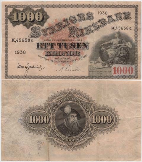 1000 kronor 1938.
Littbokstav/nr: K,45658c.
Sedeltyp: Sittande Svea.
Konstnär: Jacob Bagge.
Säkerhetsbokstav: c.
En stor del av upplagan 1938 trycktes i Ungern dit
sedelplåtar och sedelpapper skickades.
Övrigt: Litteratur: Sveriges sedlar sid 111 nr 430.
Funktion: Betalningsmedel