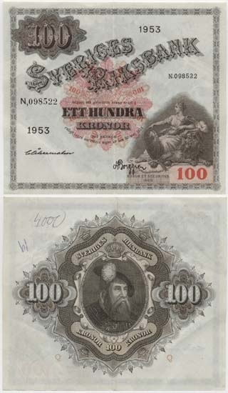100 kronor 1953.
Littbokstav/nr: N,098522.
Sedeltyp: Sittande Svea.
Konstnär: Jacob Bagge.
Övrigt: Litteratur: Sveriges sedlar sid 105 nr 375.
Funktion: Betalningsmedel