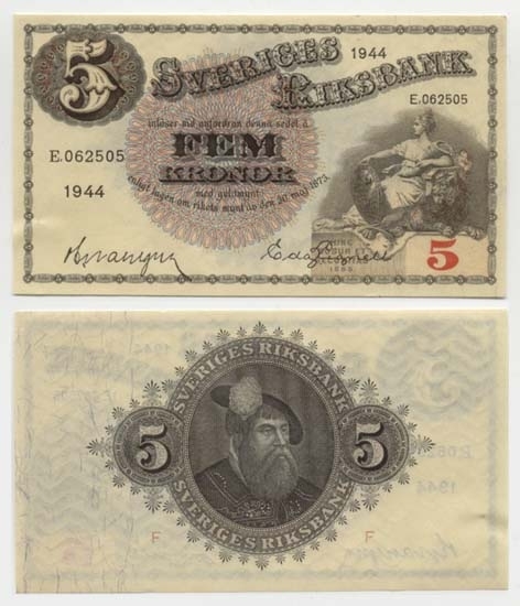 5 kronor 1944.
Littbokstav/nr: E,062505.
Sedeltyp: Sittande Svea.
Konstnär: Jakob Bagge.
Sedeln är ovikt.
Litteratur: Sveriges sedlar sid 85 nr 86.
Funktion: Betalningsmedel