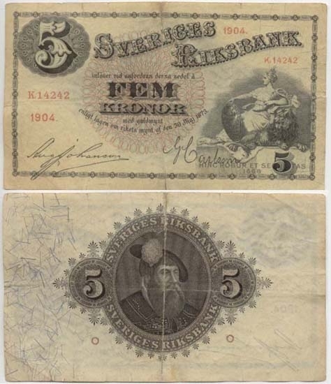 5 kronor 1904.
Littbokstav/nr: K,14242.
Sedeltyp: Sittande Svea.
Konstnär: Jakob Bagge.
Litteratur: Sveriges sedlar sid 84 nr 46.
Funktion: Betalningsmedel