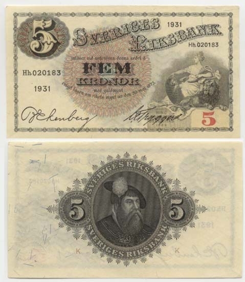 5 kronor 1931.
Littbokstav/nr: Hh,020183.
Sedeltyp: Sittande Svea.
Konstnär: Jakob Bagge.
Sedeln är ovikt.
Litteratur: Sveriges sedlar sid 85 nr 73.
Funktion: Betalningsmedel