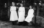 Konfirmanderna Anna Larsson från Smehammars, född 1904, Lenninge 6:32, Karin Olsson från Lars-Olsens, född 1904, Lenninge 3:13 och trädgårdsmästare Erikssons dotter Tilda, född 1903, Lenninge 6:42. Foto den 29 april 1918.