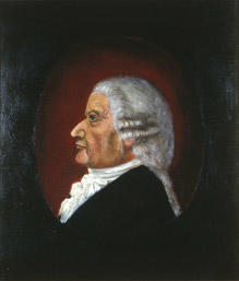 Portrett av gårdbruker Anders Lysgaard.  Mann i profil, grå parykk, svart kledning og hvitt kalvekryss. Ovalt parti som bakgrunn, mørk rødt. Omkringliggende bakgrunn er svart