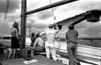 Här ser man hur Ölandsbron växer fram. Den började byggas 1968 och stod färdig hösten 1972. Bron byggdes från två håll och det var stora festligheter när man möttes mitt i Kalmarsund.