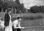 I.O.G.T. Reportage från sommarhemmet Lindesberg på Norrlandet. 10 juli 1950. Invigt juni 1940. Ägt av G.G.I.K. Godtemplarordens flagga är hissad. Lindesberg låg vid viken mellan Frivy, Lervik och Kullsand. Revs när hamnen byggdes ut.