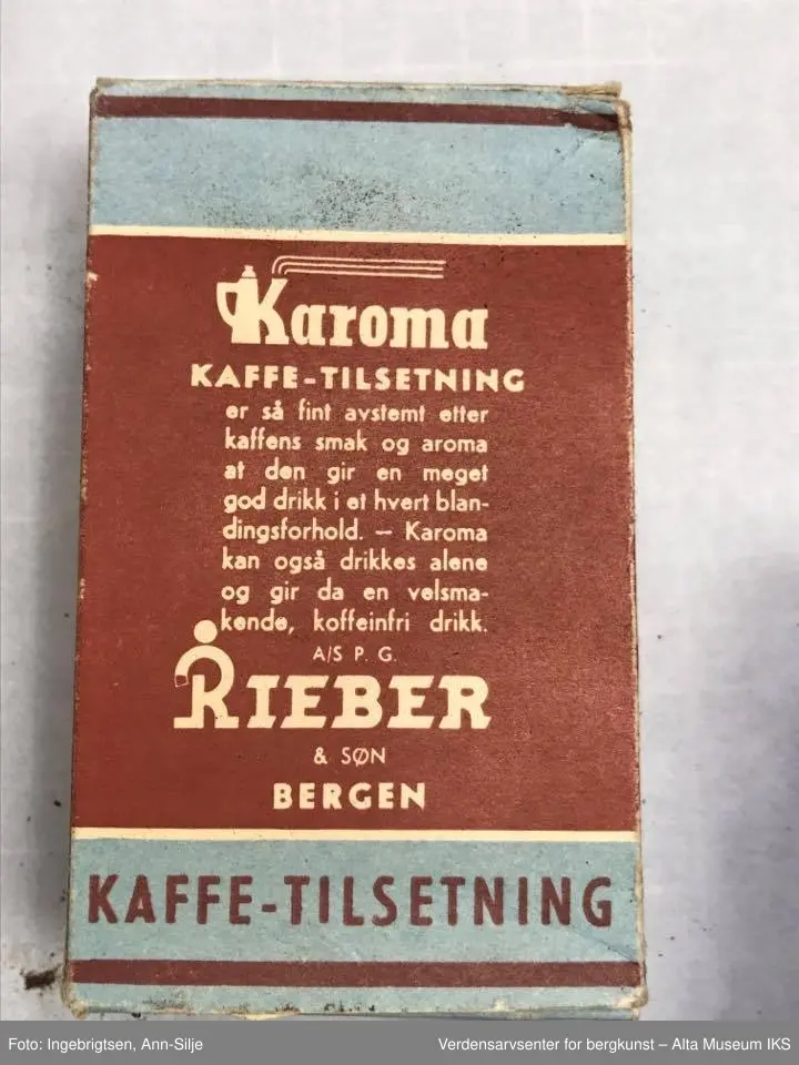 Form: Emballasje til kaffetilsetning. Logoen består av en stor R med prikk over i en gul firkant.
