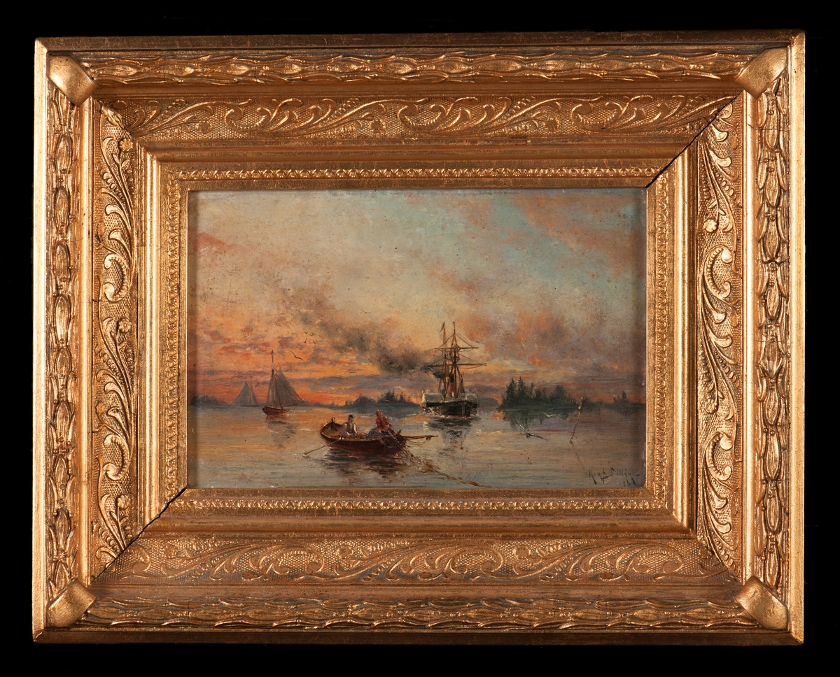 Kvällsmotiv. Roddbåt som nätutläggare, hjulångare och 2 gaffelriggade segelbåtar.