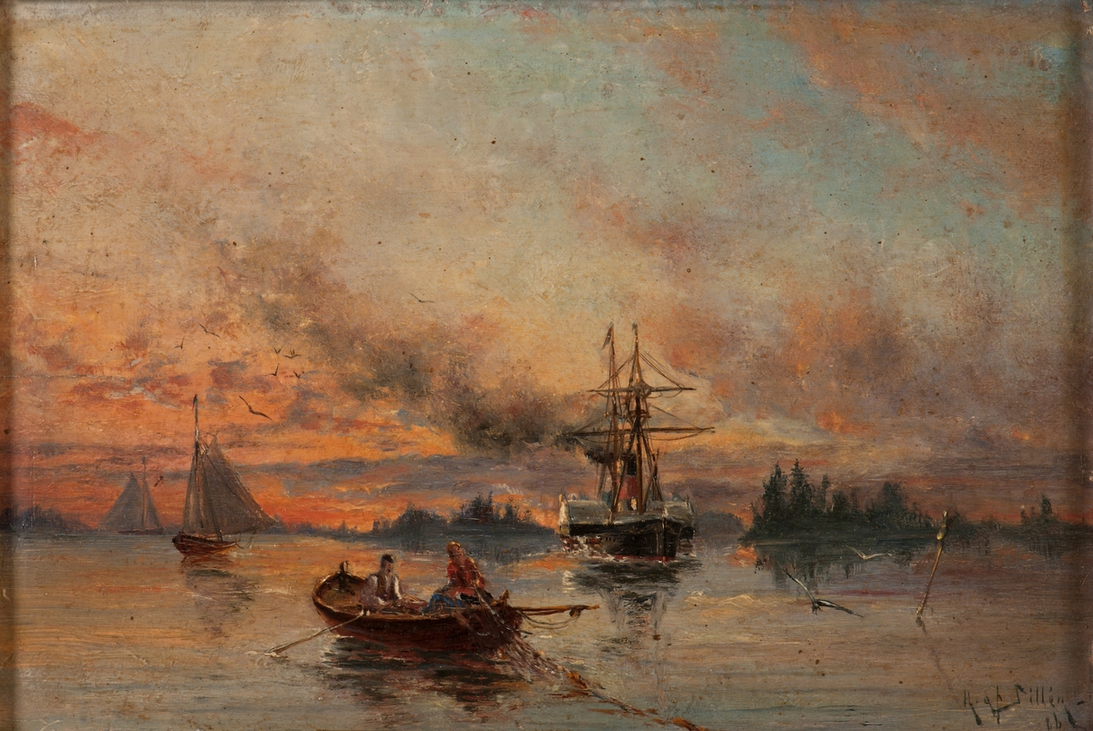 Kvällsmotiv. Roddbåt som nätutläggare, hjulångare och 2 gaffelriggade segelbåtar.