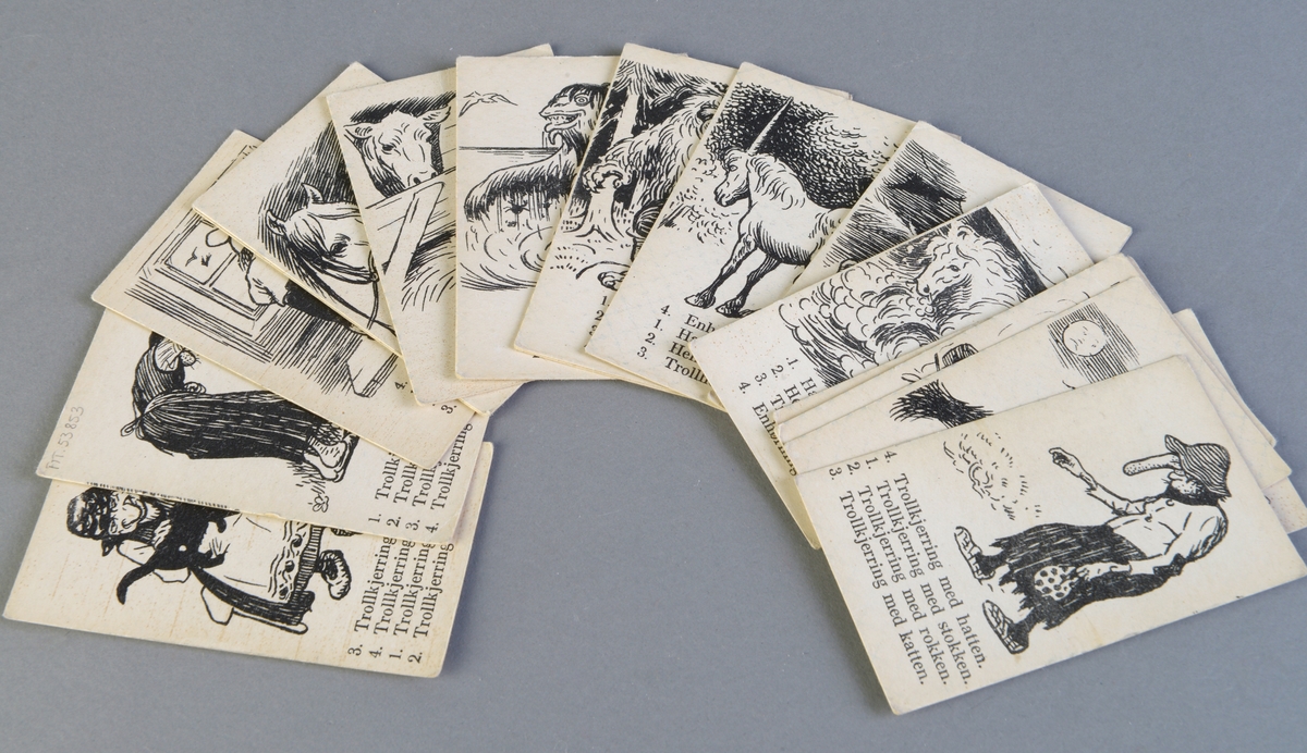 En kortstokk med 19 billedkort med tekst. Tre av dem handler om en trollkjerring, fire av dem en heks, fire av dem en hest, fire av dem et troll og fire av dem en nisse. Det står skrevet fire setninger på hvert kort. Setningene er de samme for henholdsvis trollkjerring, heks, hest, troll og nisse, men rekkefølgen varierer. Motivene/tegningene på kortene er ulike. På baksiden er det et rutemønster med prikker i.