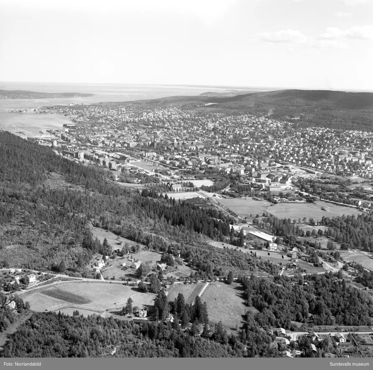 Flygfoto över Sundsvall taget från Granloholm. Närmast i bild Nejlikevägen och växthusen vid Klintens handelsträdgård.