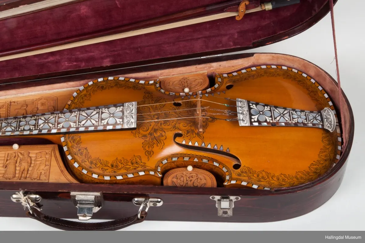 Lokket er utskjært med drake og båndslynginger.  Utskjæringer inne i felekassen.  5 rom med lokk i kassen.  3 lokk har utskjæringer med motiver fra hallingdans.  
Skaftet er besatt med perlemor, rosetegning i sort, dyrehode øverst på skaftet.  4 strenger over og 4 strenger under strengbrettet.  2 felebuer rødbrun mahogni.  Fela se HFN 03210.