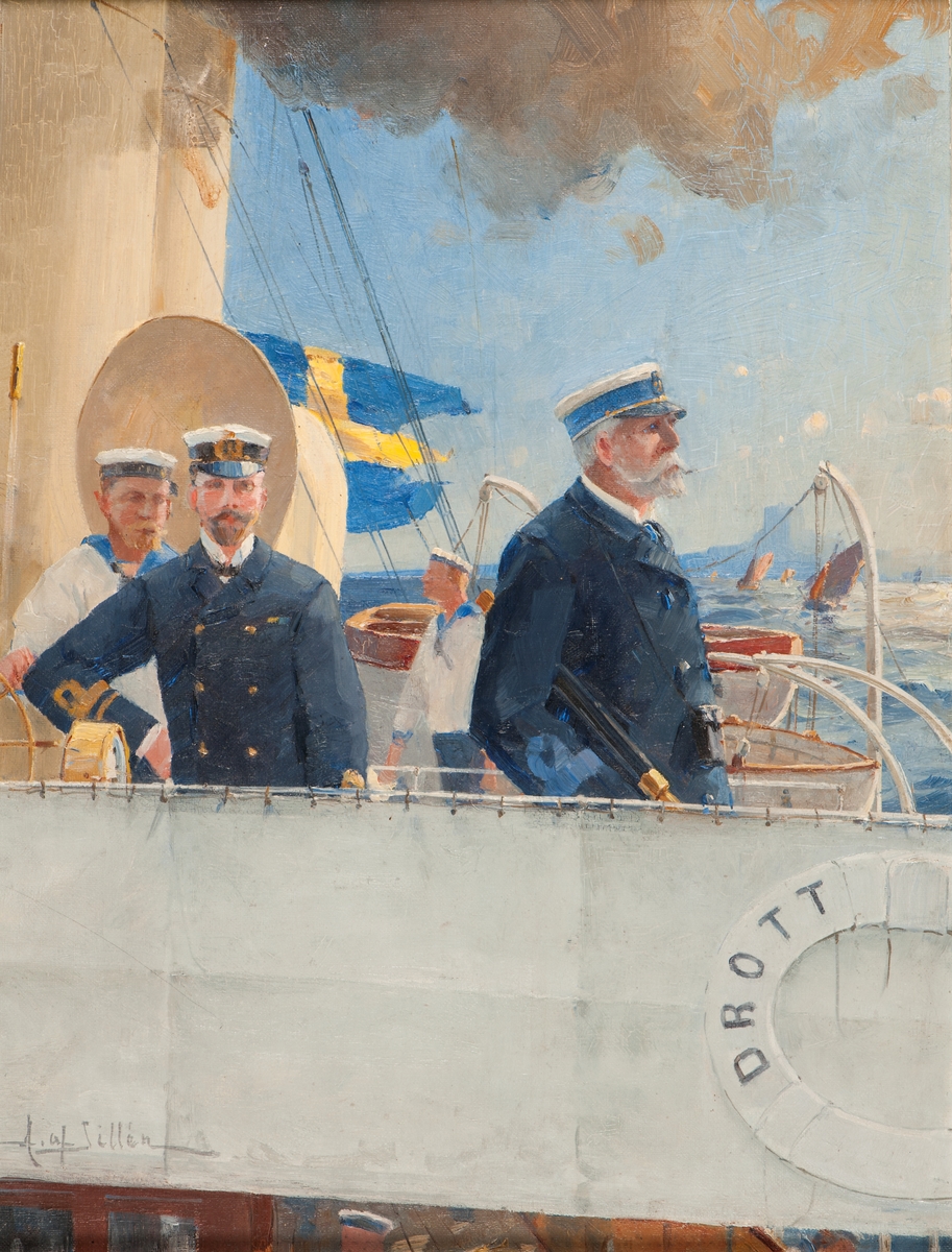 Kommandobrygga med Oscar II och Herman af Sillén på Chefsfartyget RAN (DROTT).