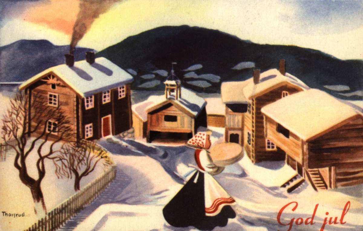 Julekort. Jule- og nyttårshilsen. Vintermotiv. Landskap.  Gårdsturn. Kvinne i forgrunnen. Illustrasjon av Jørgen Thorsrud.
Stemplet desember 1914 (?)