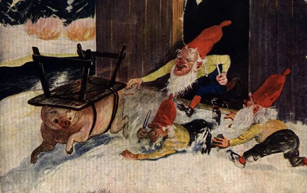 Julekort. Jule- og nyttårshilsen. Flyktende gris med fastspent bord på ryggen. Tre julenisser jakter på grisen.