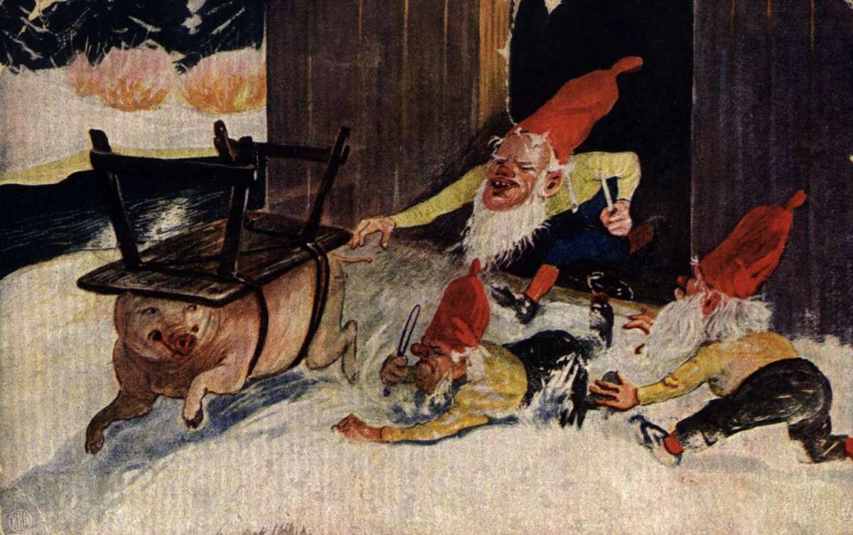 Julekort. Jule- og nyttårshilsen. Flyktende gris med fastspent bord på ryggen. Tre julenisser jakter på grisen.