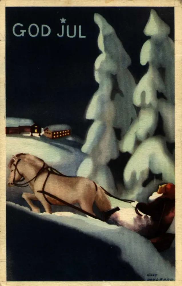 Julekort. Jule- og nyttårshilsen. Vintermotiv. Mann med hest og slede på vei gjennom skogen. Lys fra gårdsanlegg. Illustrert av Mille Heegaard.