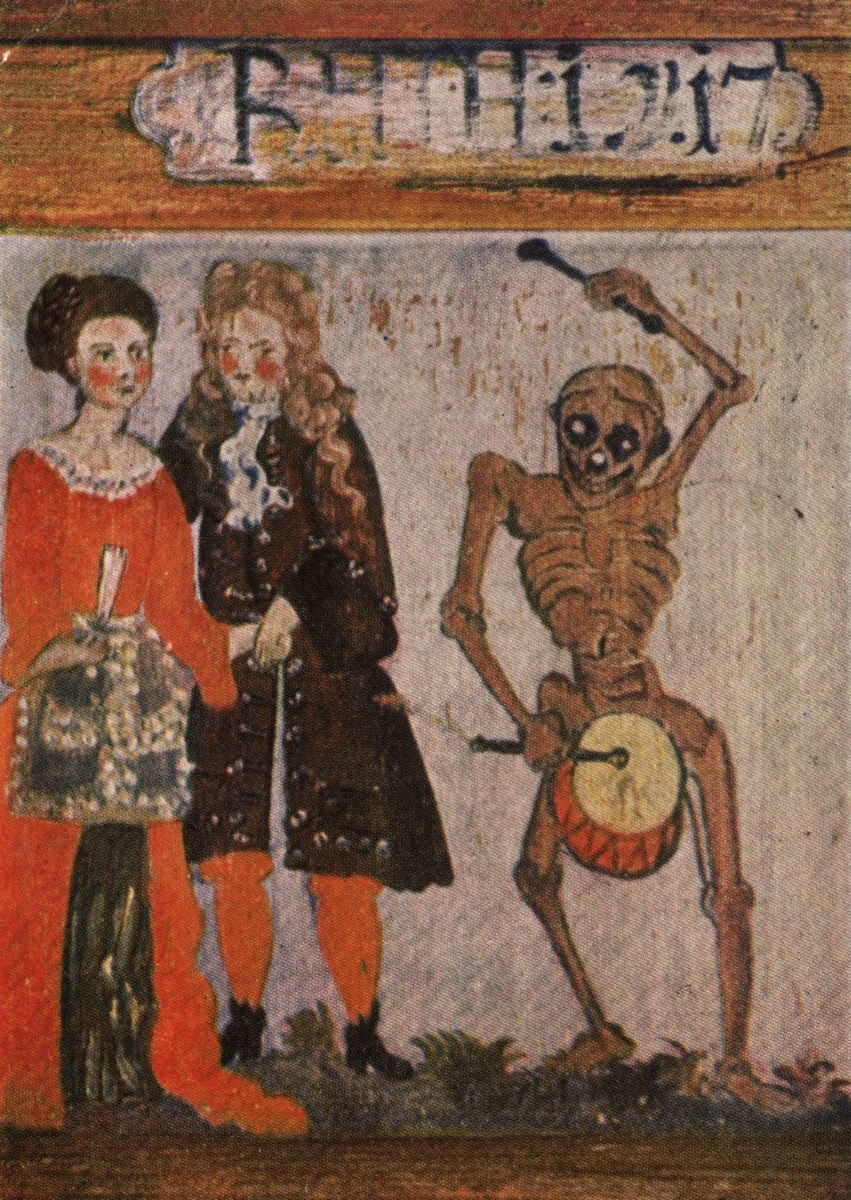 Postkort. Norsk Folkemuseum. Freske i Sauherad kirke i Telemark. Mann og kvinne. Skjelett med tromme