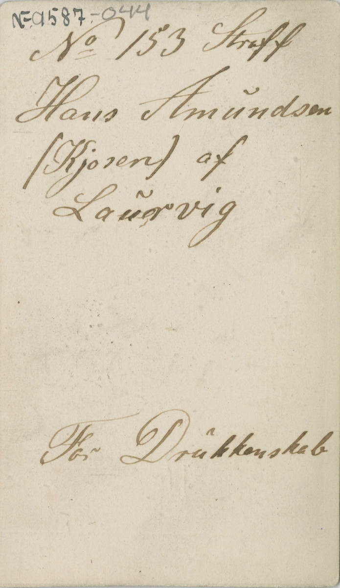 Fangeportrett. Hans Amundsen (Kjosen), Larvik, arrestert i 1866 eller 1867, innsatt i distriktsfengslet i Hokksund for drukkenskap.