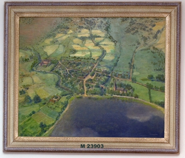 Oljemålning på duk.
Växjö under medeltiden."Flygbild" från söder.